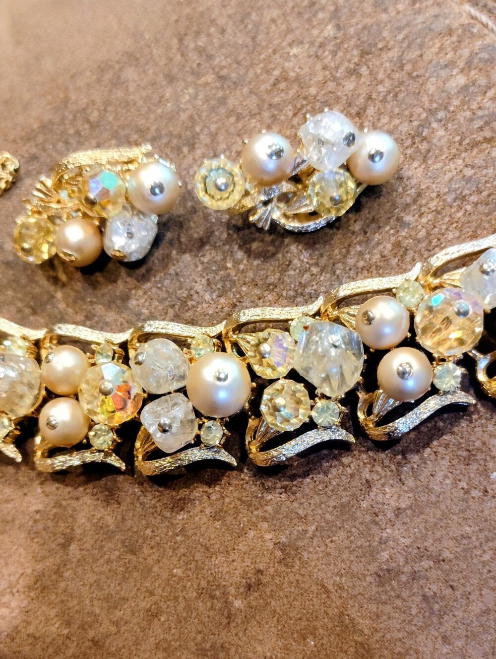 Francios Coro Line Gold-Tone Pearl & Crystal Bracelet and Clip-On Earrings Set